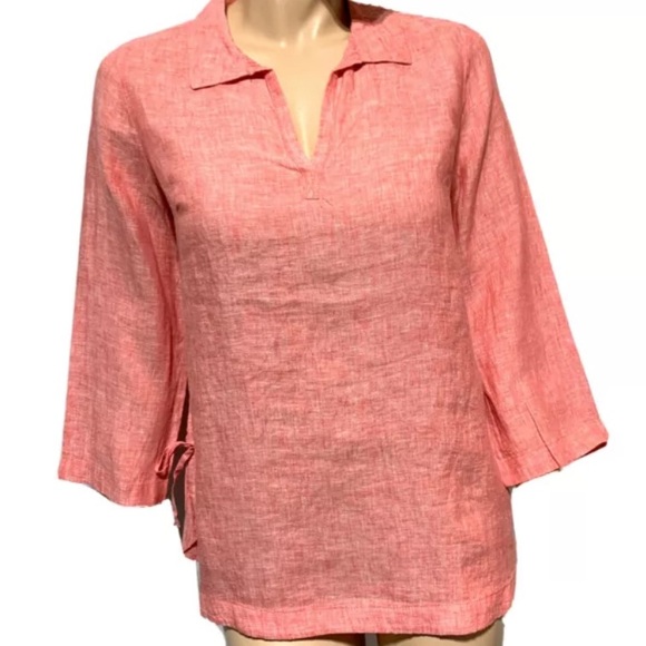 Sigrid Olsen 100% Linen Pullover Shirt with side ties Coral S Small - Picture 2 of 11